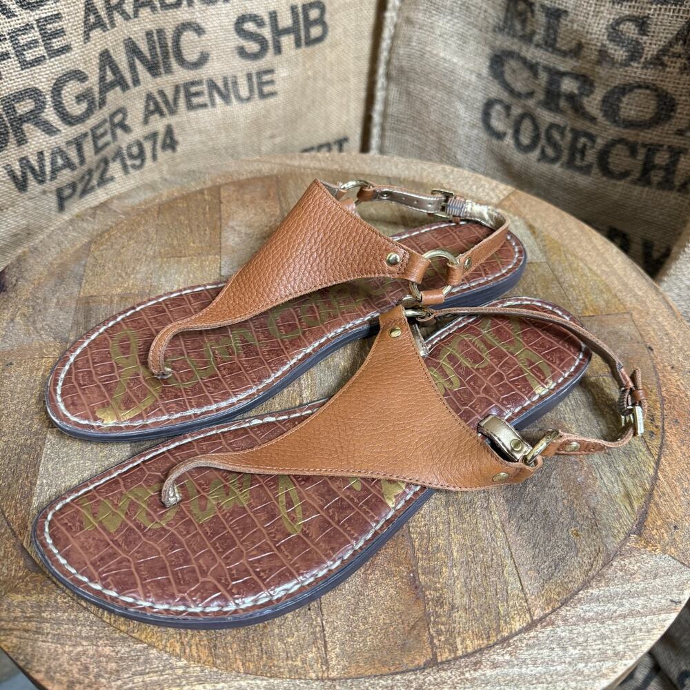 Sam Edelman Greta Leather T-Strap Sandals Brown Women's Size 10M Flats
